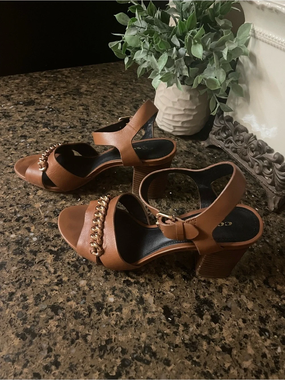 Coach Tan Leather Block-Heel Sandals with Gold Chain Accent